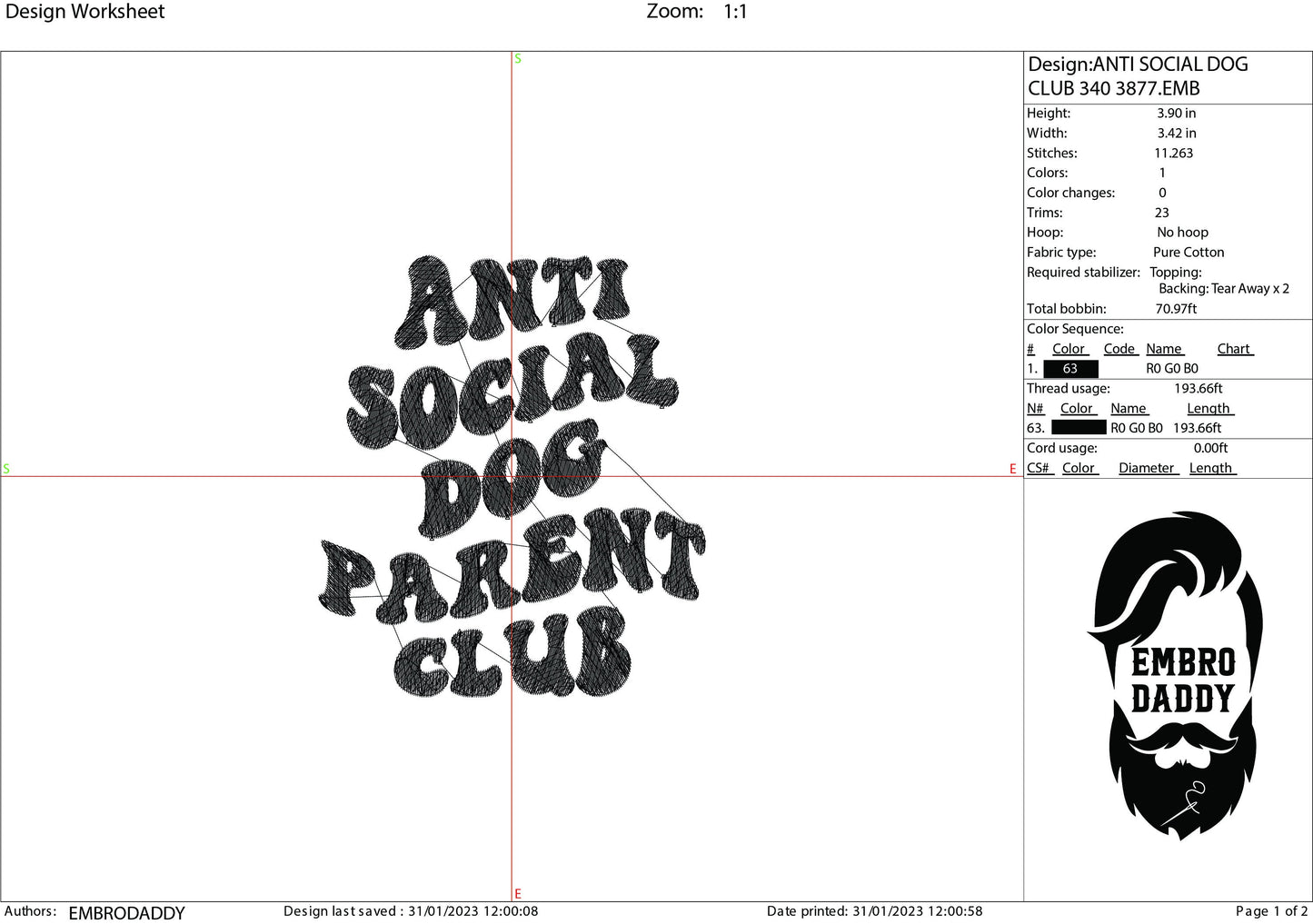 Machine embroidery files, Anti Social Dog Parent Club Embroidery Pattern File in PES, DST, hus & more
