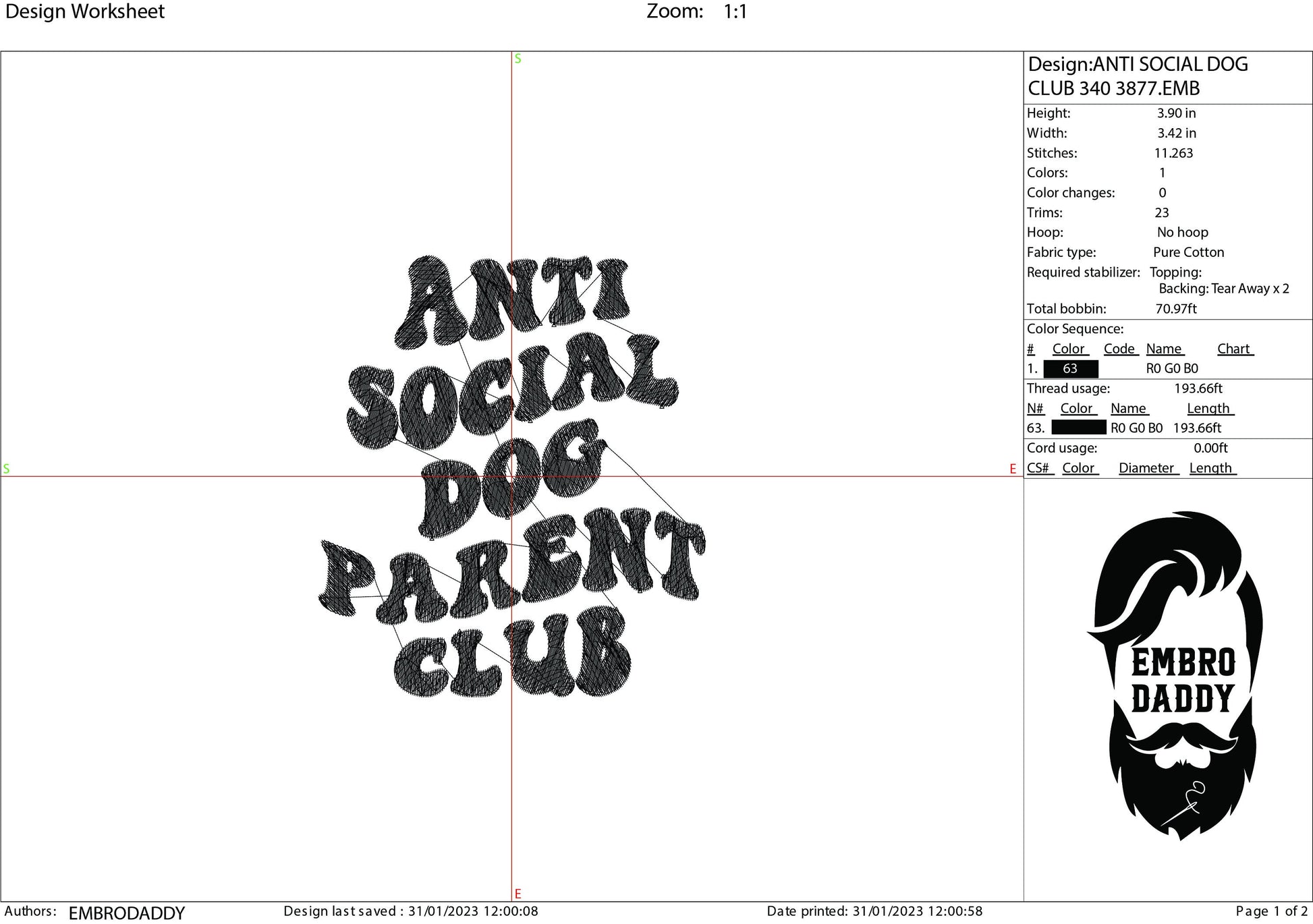 Machine embroidery files, Anti Social Dog Parent Club Embroidery Pattern File in PES, DST, hus & more