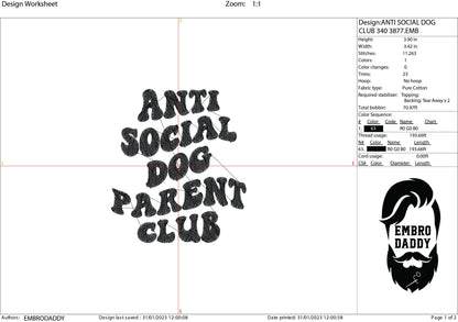 Machine embroidery files, Anti Social Dog Parent Club Embroidery Pattern File in PES, DST, hus & more