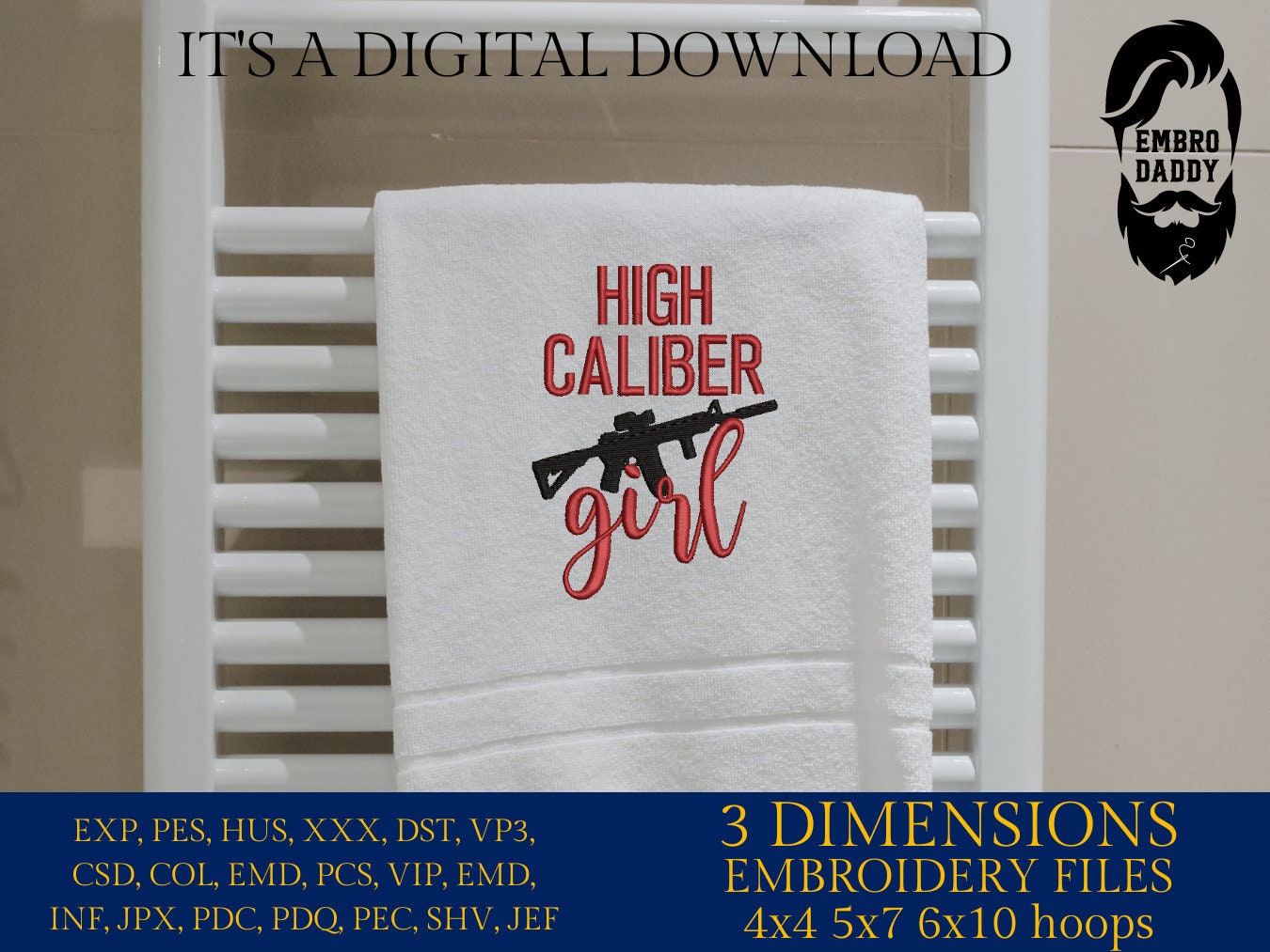 Machine Embroidery files, high caliber girl, PES, xxx, hus & more