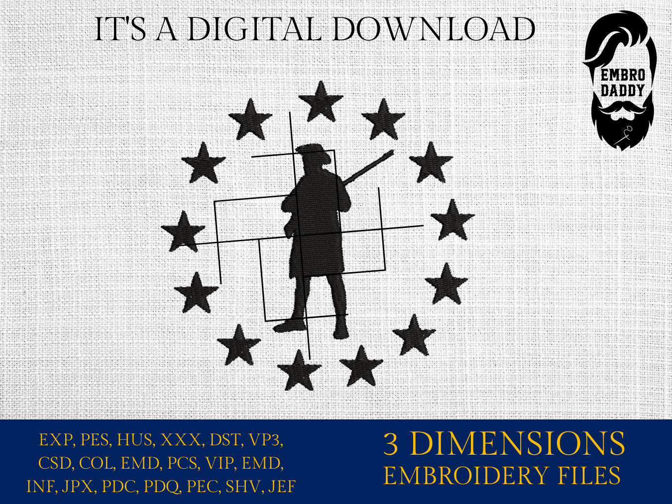 Machine Embroidery files, Minutemen militia 1776, Betsy Ross flag PES, xxx, hus & more