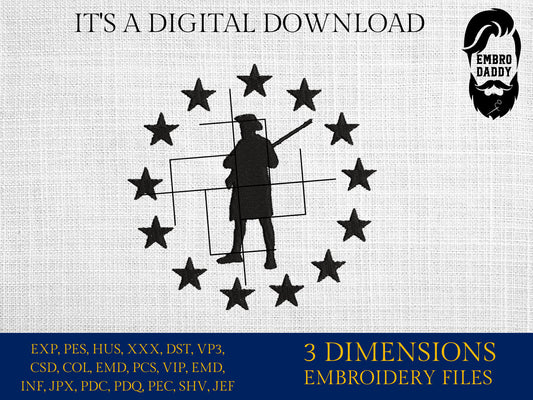 Machine Embroidery files, Minutemen militia 1776, Betsy Ross flag PES, xxx, hus & more