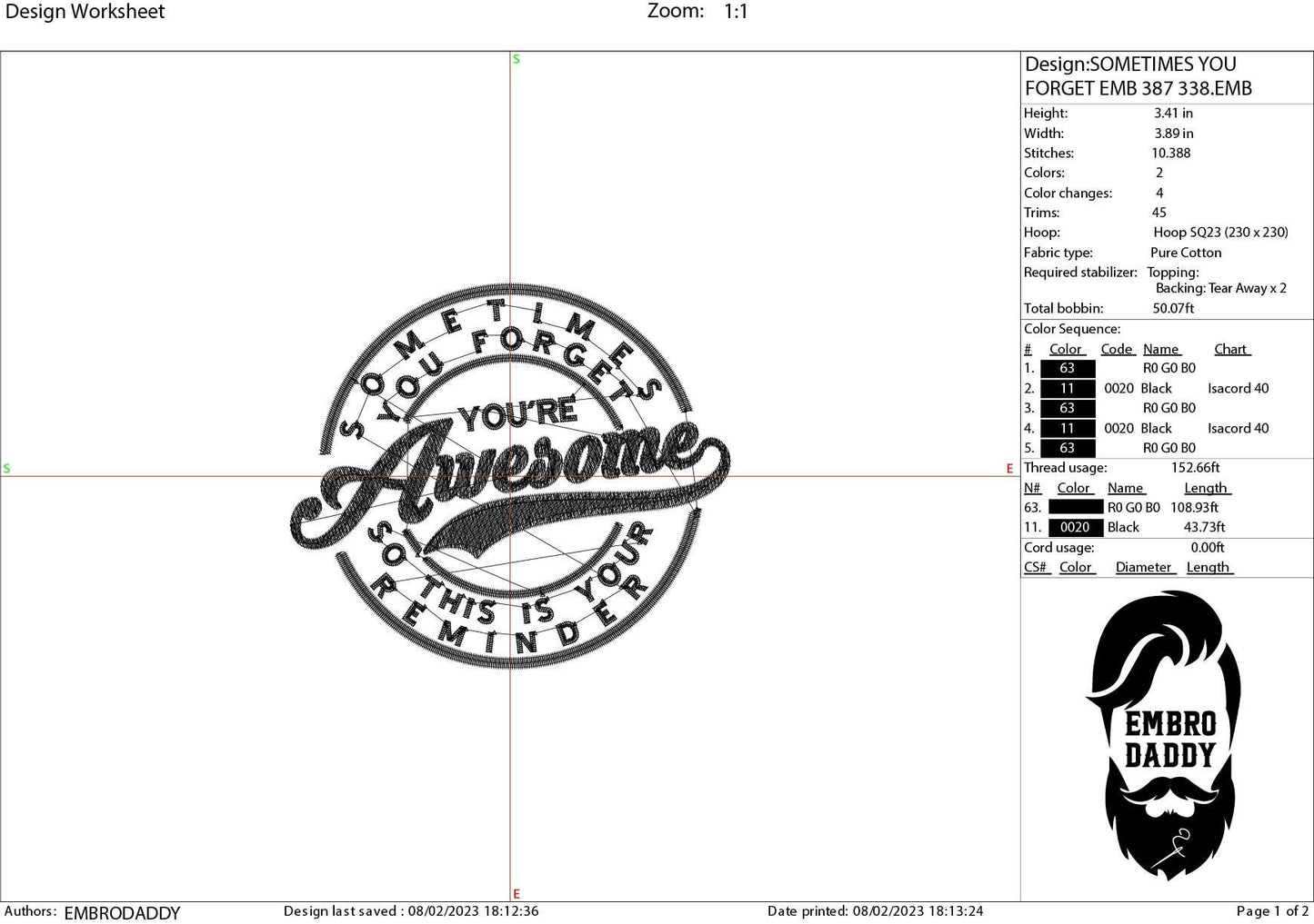 Machine Embroidery files, sometimes you forget you're awesome, PES, xxx, hus & more