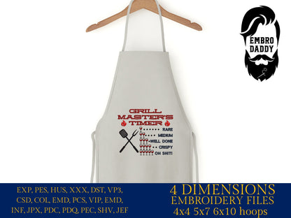 Machine Embroidery files, Grill Master's Timer, Father's Day Apron, funny embroidery files, gift idea PES, hus & more
