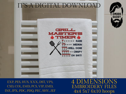 Machine Embroidery files, Grill Master's Timer, Father's Day Apron, funny embroidery files, gift idea PES, hus & more
