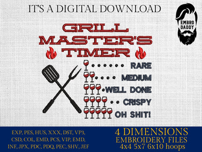 Machine Embroidery files, Grill Master's Timer, Father's Day Apron, funny embroidery files, gift idea PES, hus & more