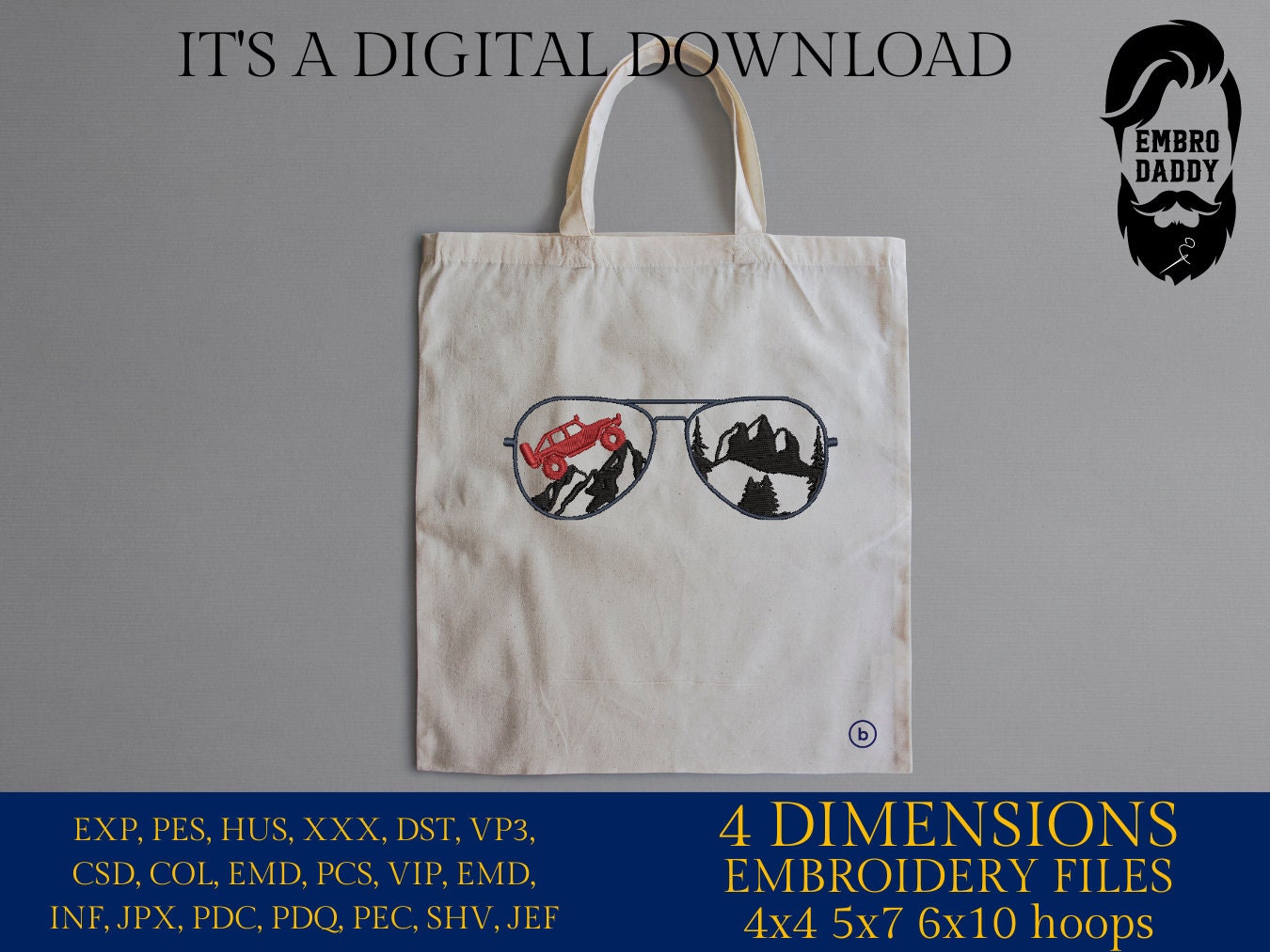 Machine Embroidery files, Sunglass off road vehicle embroidery files, Gift Idea, PES, xxx, hus & more
