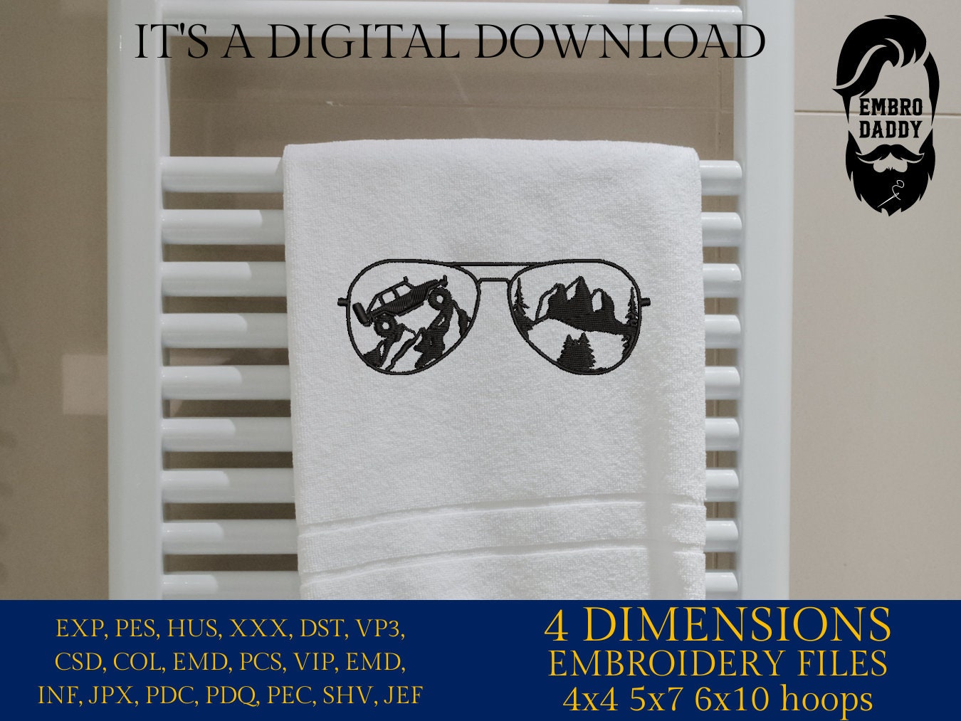 Machine Embroidery files, Sunglass off road vehicle embroidery files, Gift Idea, PES, xxx, hus & more