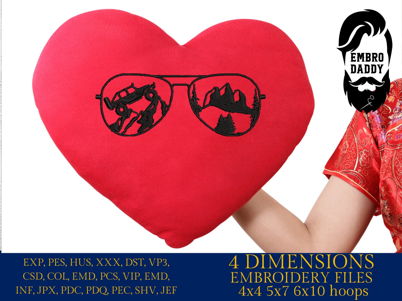 Machine Embroidery files, Sunglass off road vehicle embroidery files, Gift Idea, PES, xxx, hus & more