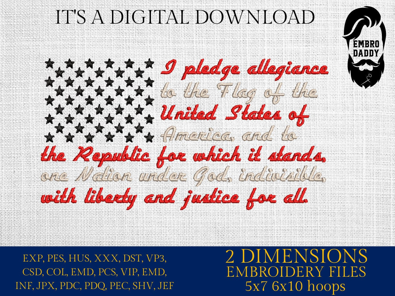 Machine Embroidery files, Pledge of Allegiance, Flag, USA flag, PES, xxx, hus & more