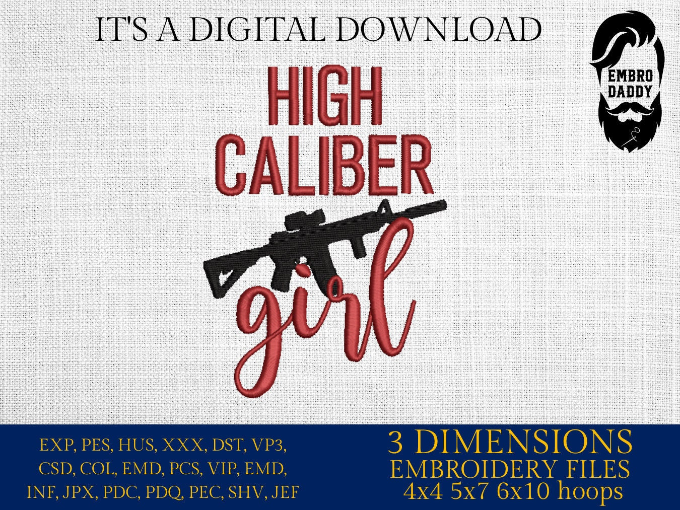 Machine Embroidery files, high caliber girl, PES, xxx, hus & more