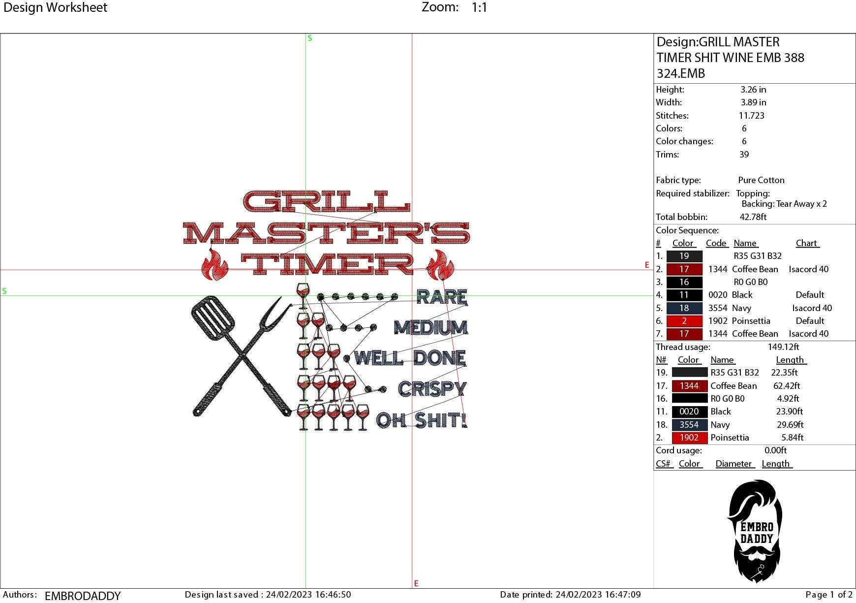 Machine Embroidery files, Grill Master's Timer, Father's Day Apron, funny embroidery files, gift idea PES, hus & more