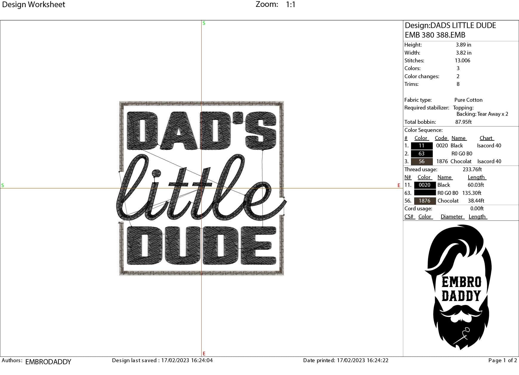 Machine Embroidery files, Dad's little dude embroidery, PES, xxx, hus & more
