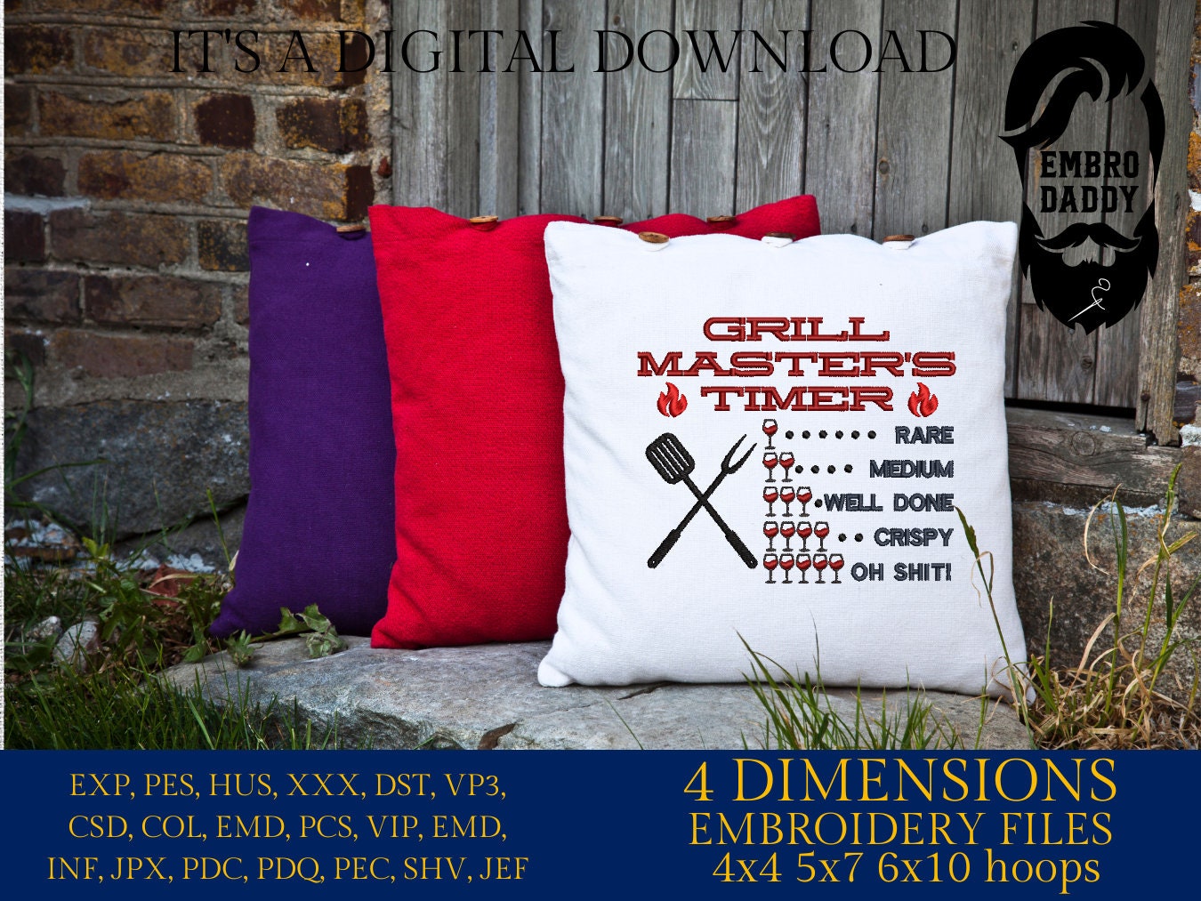 Machine Embroidery files, Grill Master's Timer, Father's Day Apron, funny embroidery files, gift idea PES, hus & more