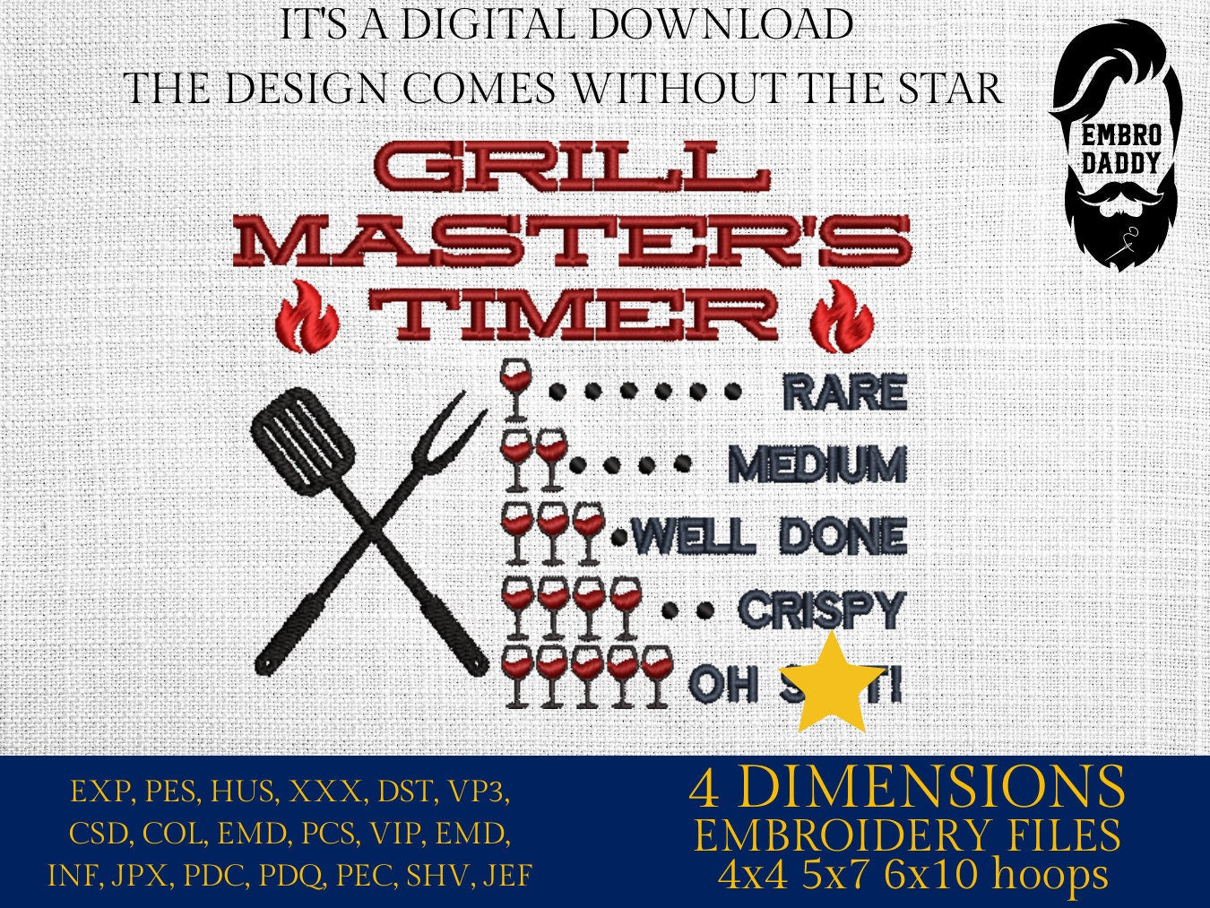 Machine Embroidery files, Grill Master's Timer, Father's Day Apron, funny embroidery files, gift idea PES, hus & more