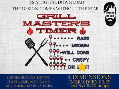 Machine Embroidery files, Grill Master's Timer, Father's Day Apron, funny embroidery files, gift idea PES, hus & more