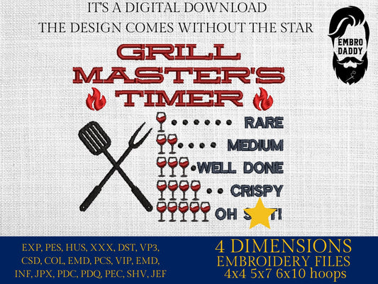 Machine Embroidery files, Grill Master's Timer, Father's Day Apron, funny embroidery files, gift idea PES, hus & more