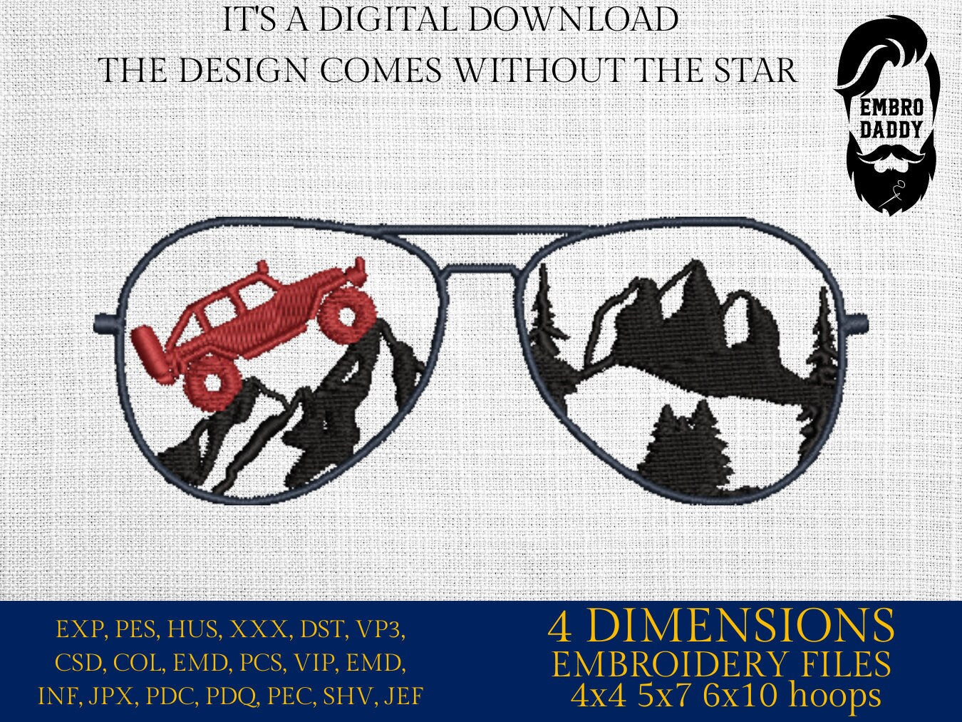 Machine Embroidery files, Sunglass off road vehicle embroidery files, Gift Idea, PES, xxx, hus & more