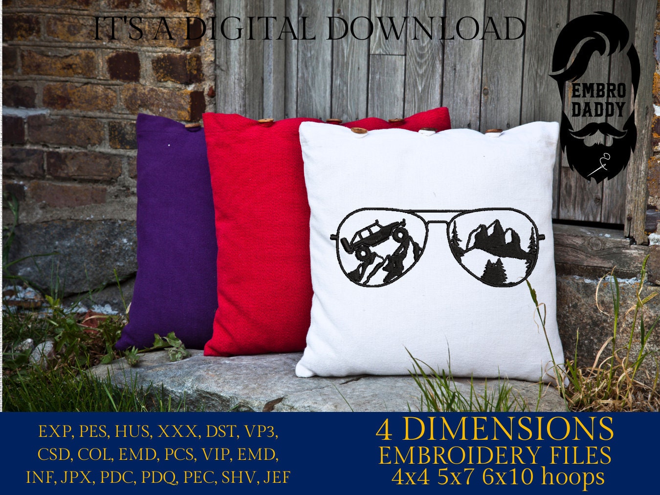 Machine Embroidery files, Sunglass off road vehicle embroidery files, Gift Idea, PES, xxx, hus & more