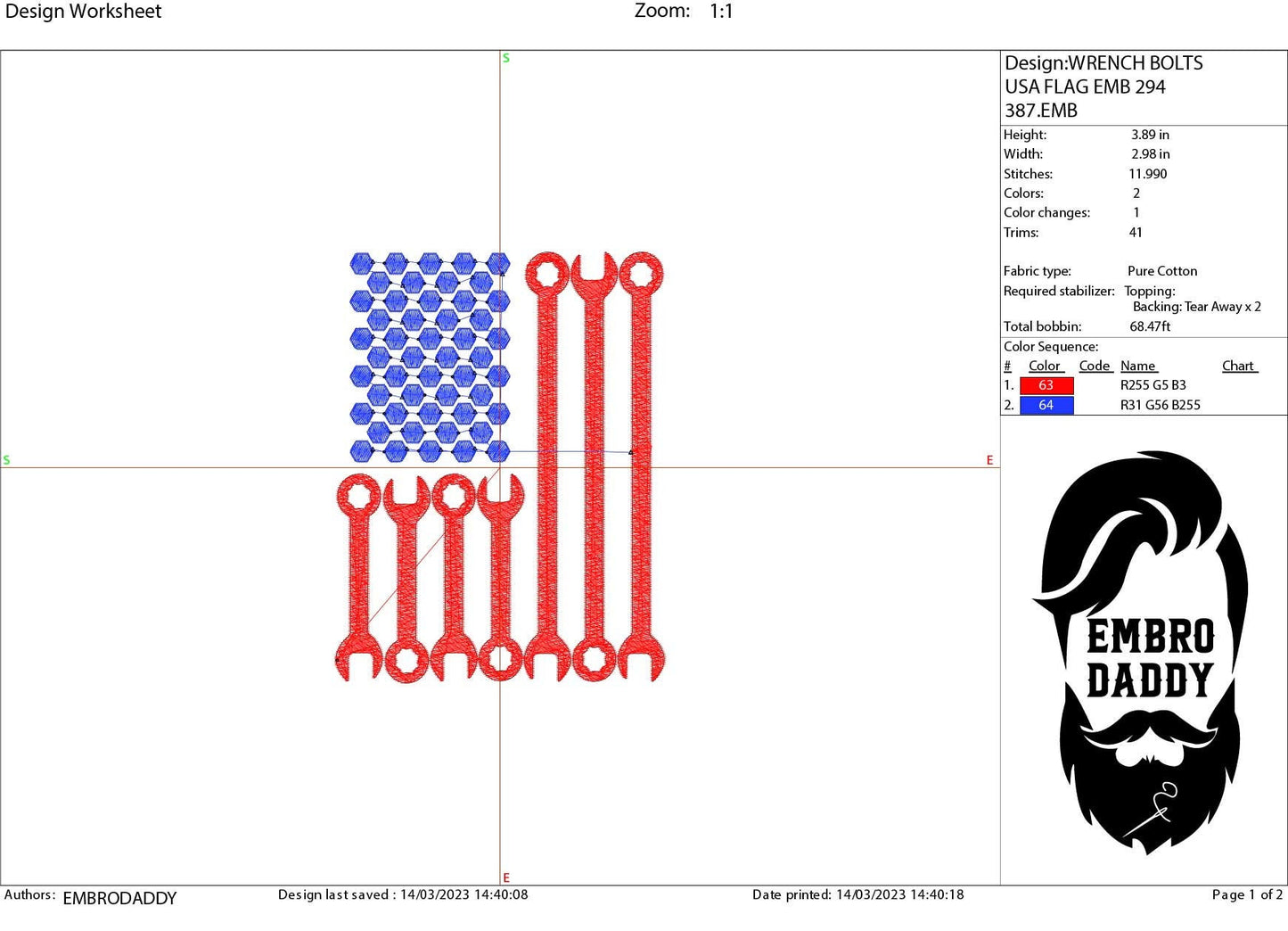 Machine Embroidery files, USA flag wrench bolts, PES, xxx, hus & more, embroidery files