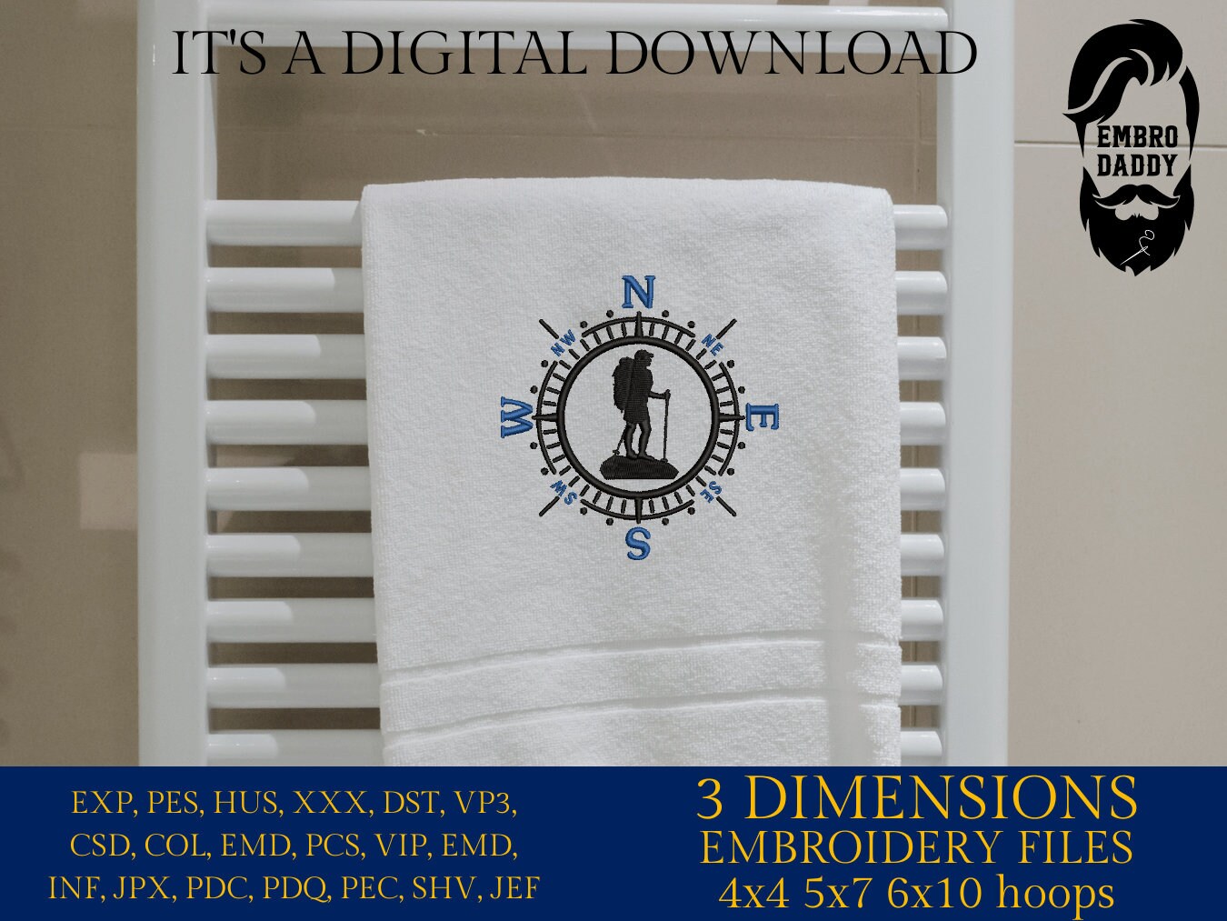 Machine Embroidery files, Hiker, Compass, PES, xxx, hus & more