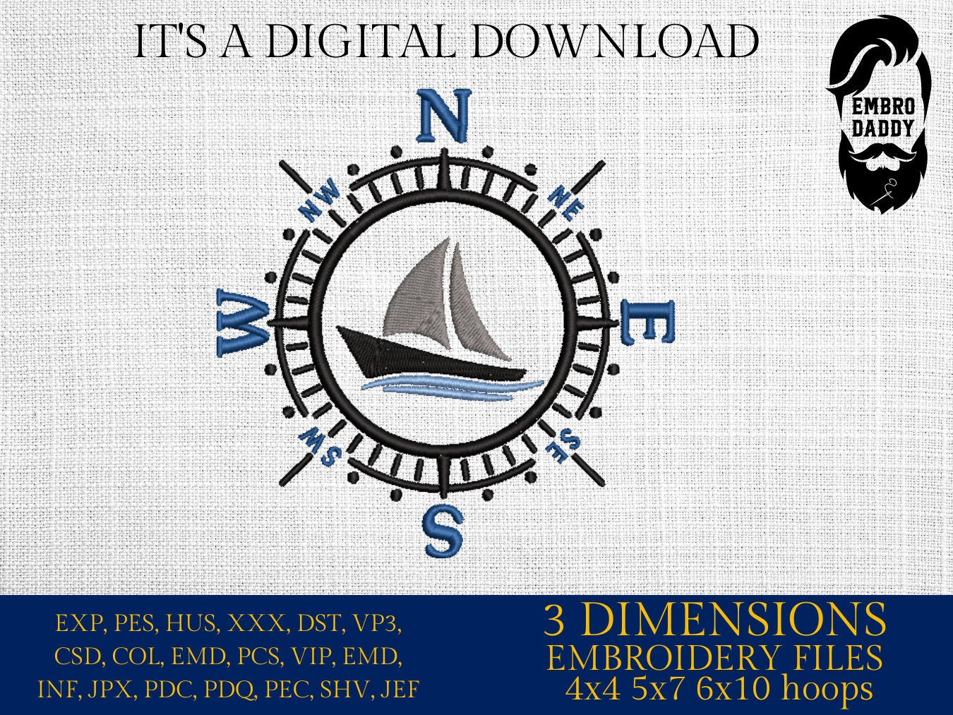 Machine Embroidery files, sailing boat, Compass, PES, xxx, hus & more