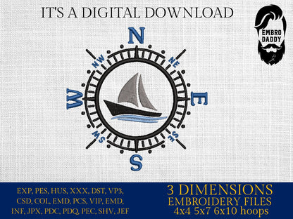 Machine Embroidery files, sailing boat, Compass, PES, xxx, hus & more