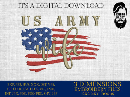 Machine Embroidery files, USA flag US Army wife, PES, xxx, hus & more, embroidery files