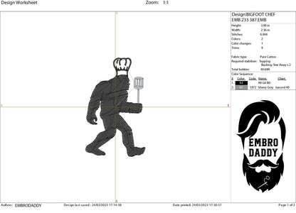 Machine Embroidery files, Bigfoot chef, Bigfoot pes, Big Foot, Yeti, Sasquatch PES, xxx, hus & more