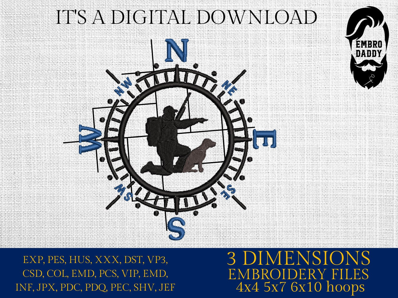 Machine Embroidery files, Hunter with dog, Compass, PES, xxx, hus & more