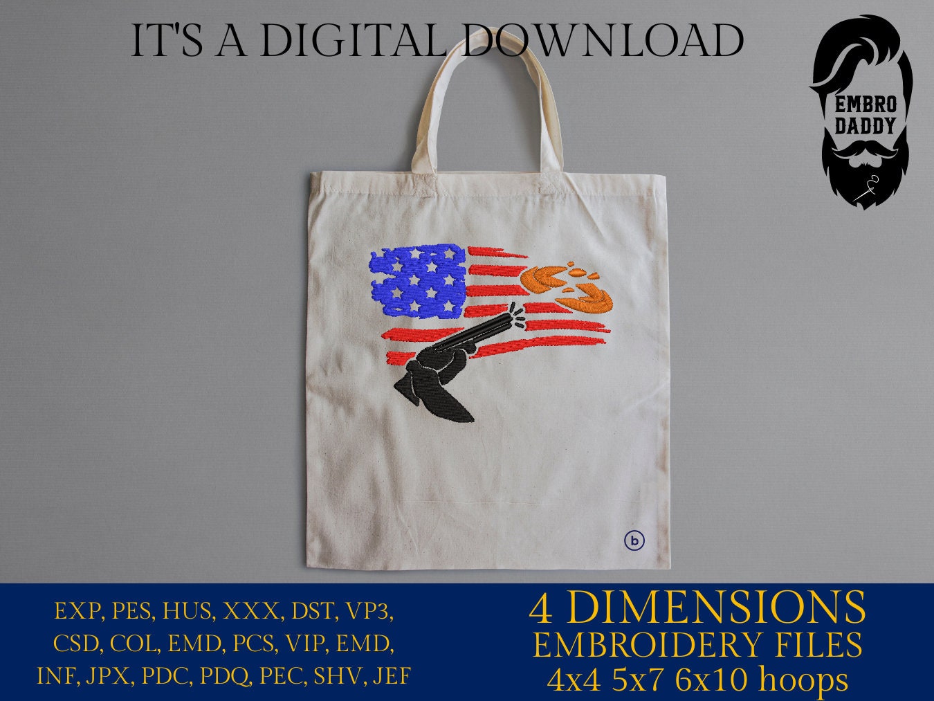 Machine Embroidery files, Usa flag Trap shooting embroidery files, PES, xxx hus & more