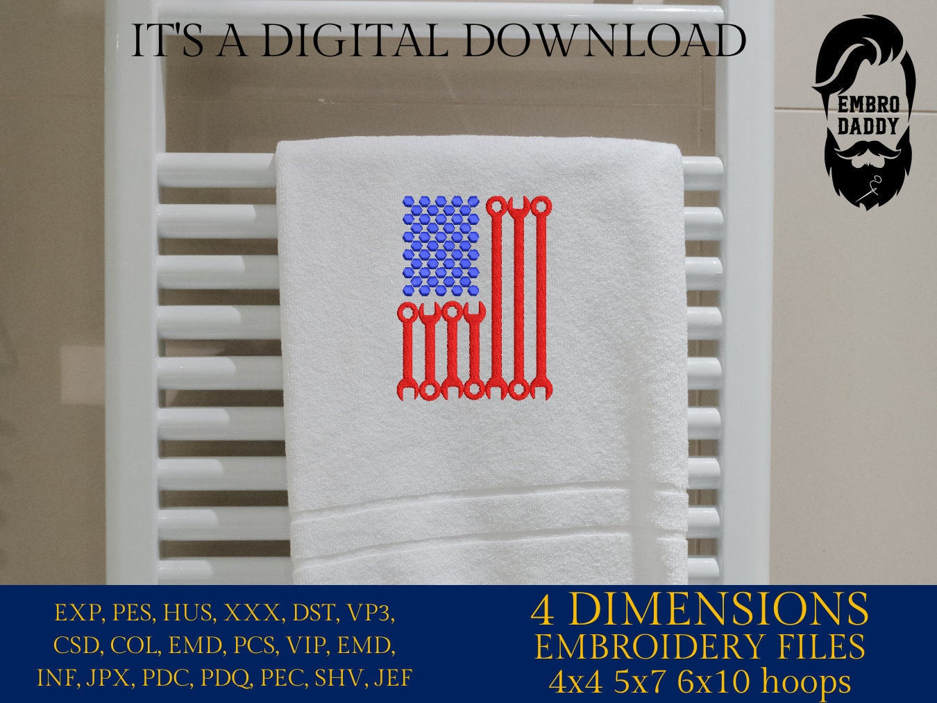 Machine Embroidery files, USA flag wrench bolts, PES, xxx, hus & more, embroidery files