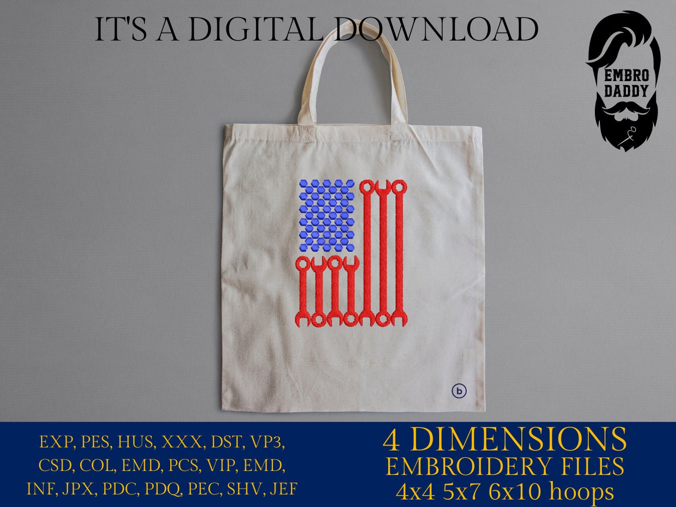 Machine Embroidery files, USA flag wrench bolts, PES, xxx, hus & more, embroidery files