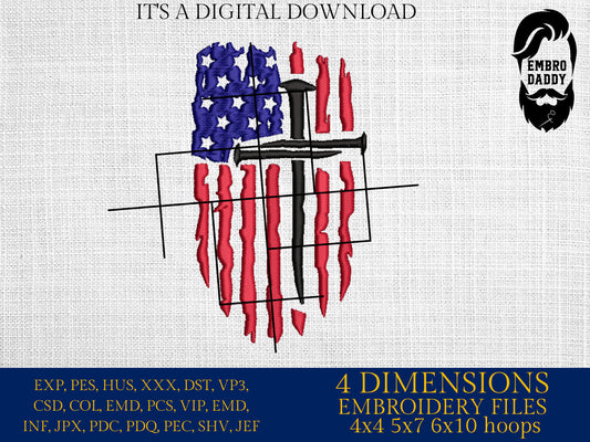 Machine Embroidery files, USA flag Nails Cross PES, xxx, hus & more