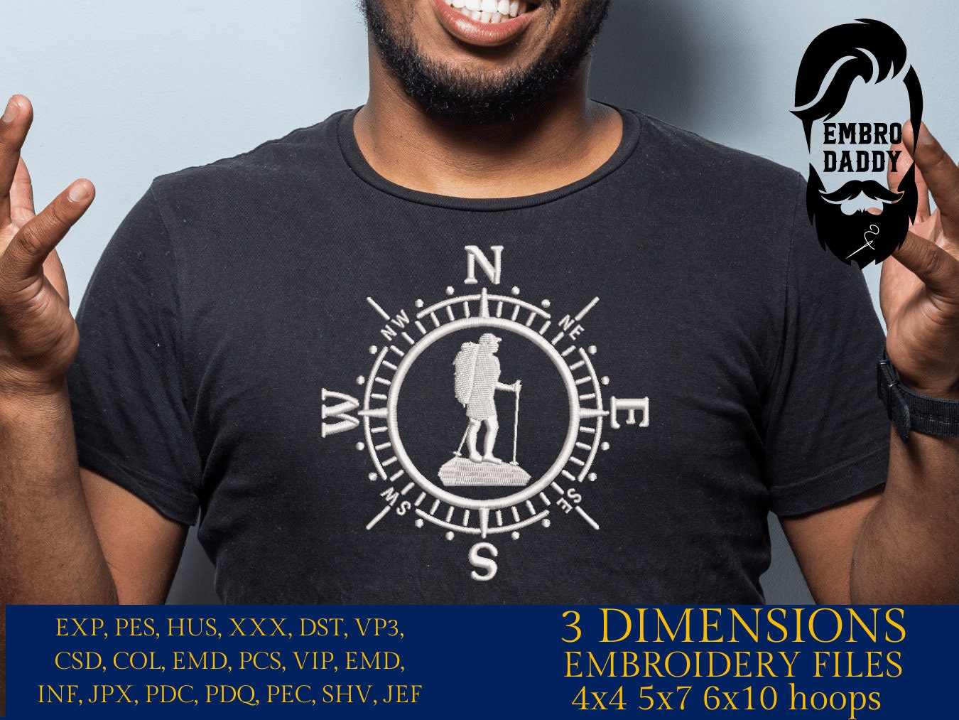 Machine Embroidery files, Hiker, Compass, PES, xxx, hus & more