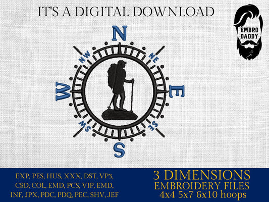 Machine Embroidery files, Hiker, Compass, PES, xxx, hus & more