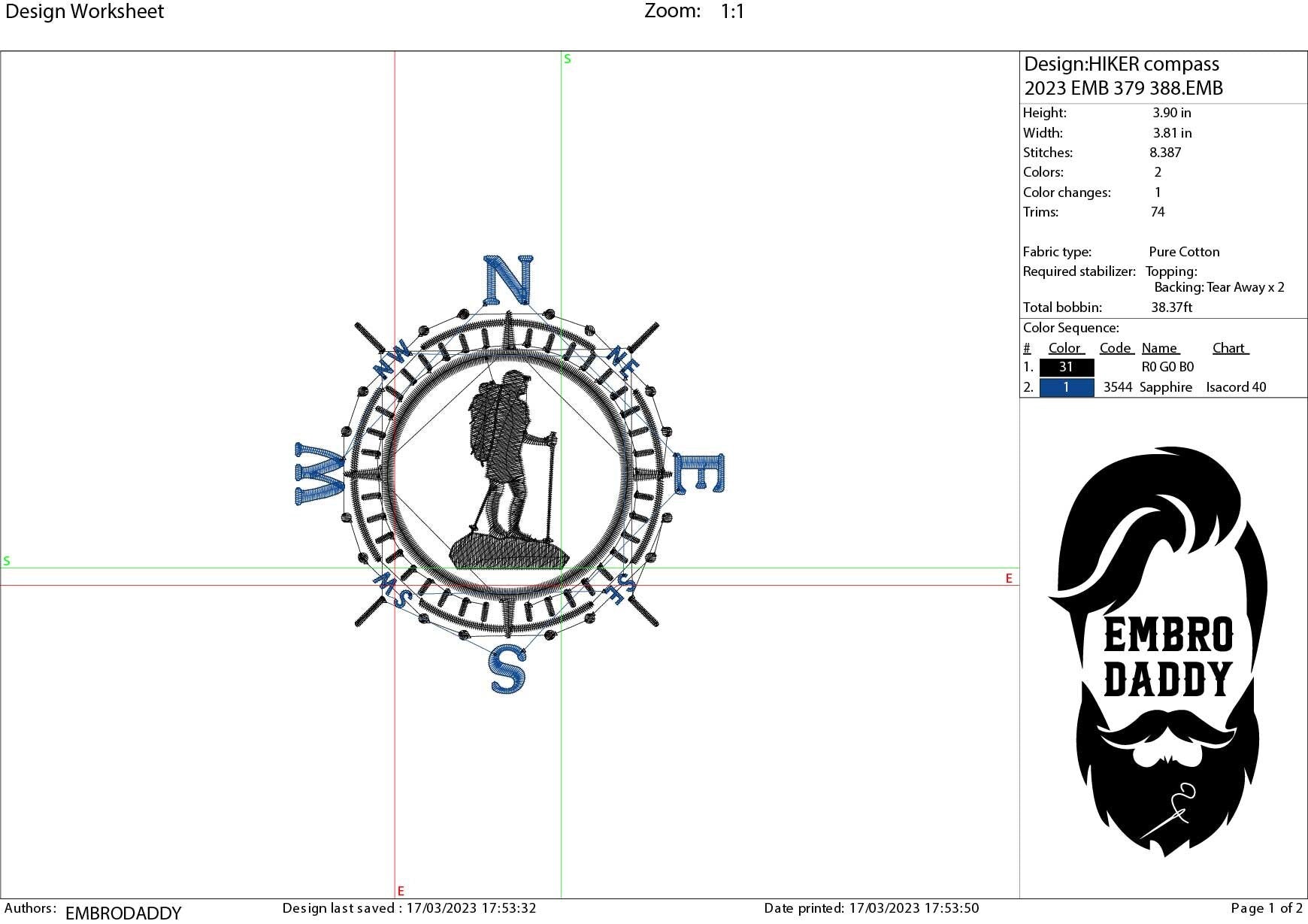 Machine Embroidery files, Hiker, Compass, PES, xxx, hus & more