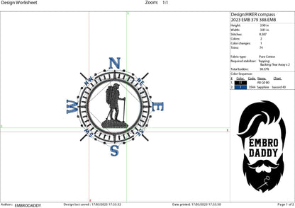 Machine Embroidery files, Hiker, Compass, PES, xxx, hus & more
