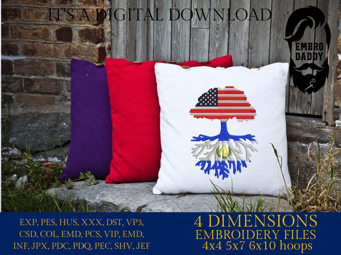Machine Embroidery files, USA Tree El Salvador roots, PES, xxx, hus, dst & more