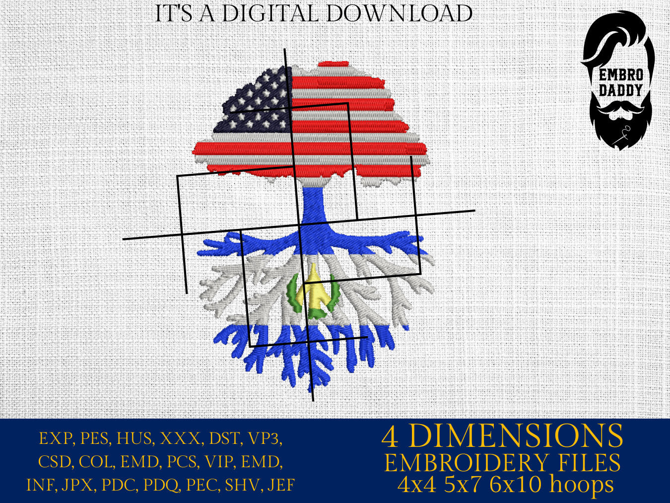 Machine Embroidery files, USA Tree El Salvador roots, PES, xxx, hus, dst & more