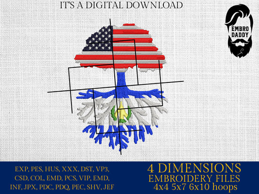 Machine Embroidery files, USA Tree El Salvador roots, PES, xxx, hus, dst & more