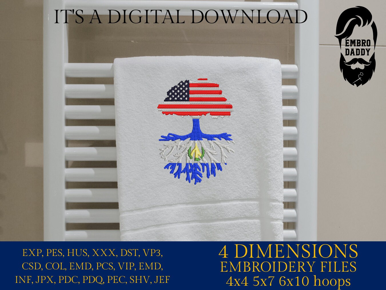 Machine Embroidery files, USA Tree El Salvador roots, PES, xxx, hus, dst & more