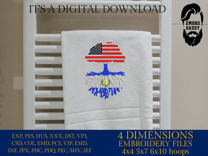 Machine Embroidery files, USA Tree El Salvador roots, PES, xxx, hus, dst & more