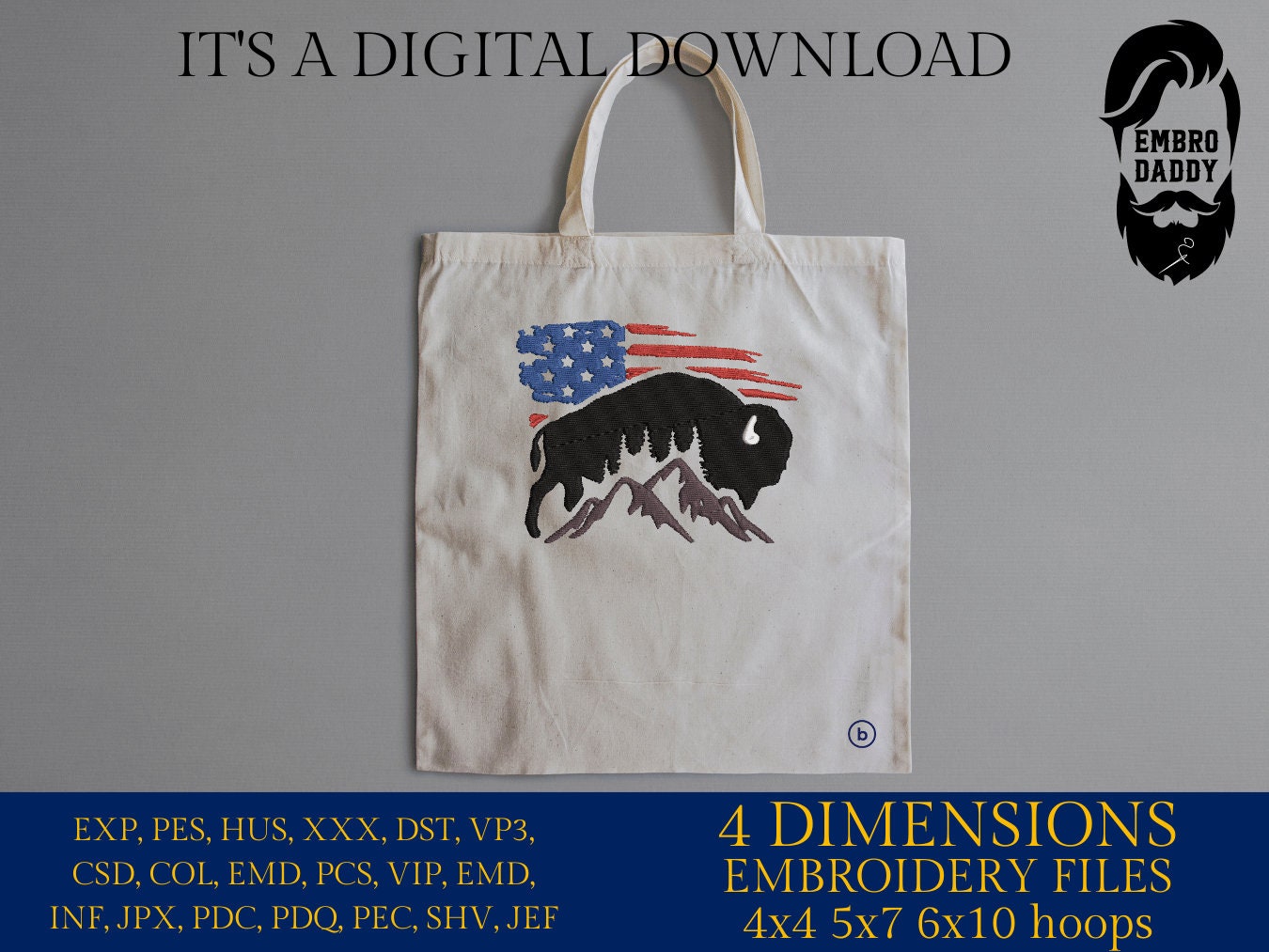 Machine Embroidery files, Usa flag bison, PES, dst, xxx, hus & more