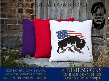 Machine Embroidery files, Usa flag bison, PES, dst, xxx, hus & more