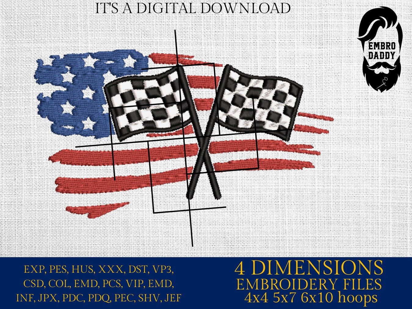 Machine Embroidery files, USA flag, Checkered Flag, racing USA flag, Racelife PES, xxx, hus & more