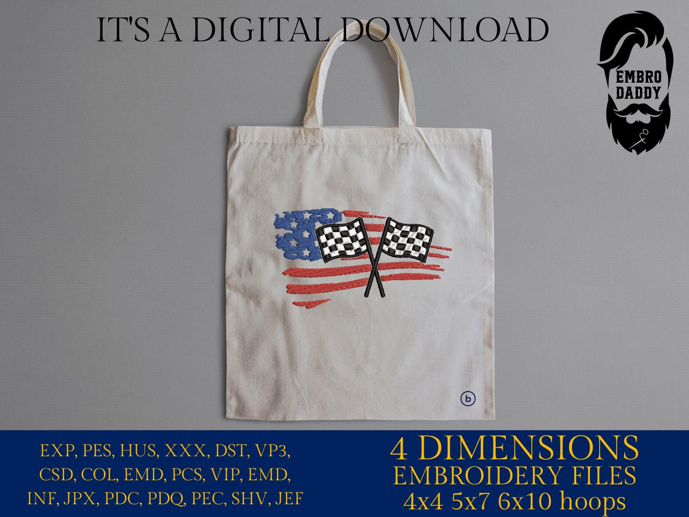 Machine Embroidery files, USA flag, Checkered Flag, racing USA flag, Racelife PES, xxx, hus & more