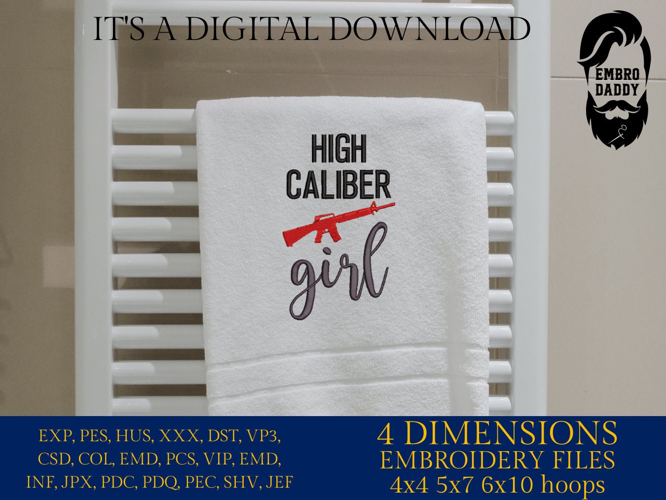 Machine Embroidery files, high caliber girl, PES, xxx, hus & more