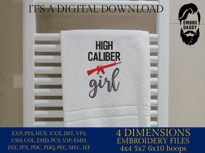 Machine Embroidery files, high caliber girl, PES, xxx, hus & more