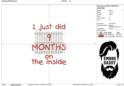 Machine Embroidery files, I just did 9 months on the inside embroidery files, baby shower, baby bodysuit PES, xxx, hus